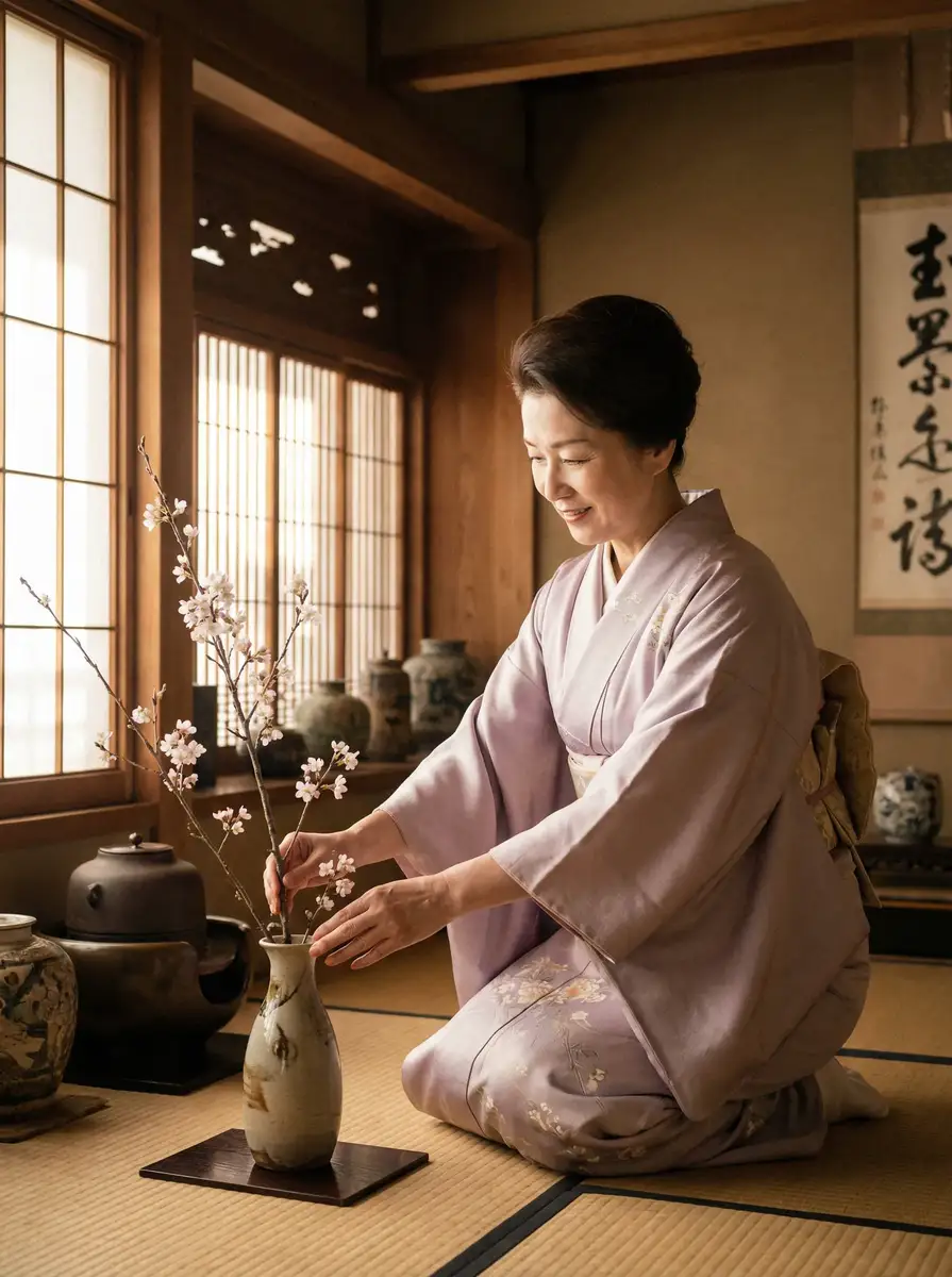 一位优雅的 娇吟公车系500章 在和室中插花